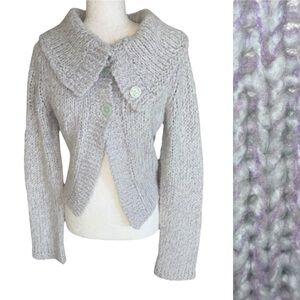 Free People Vintage Lavender Mint Green Knit Exaggerated Collar Crop Cardigan  L